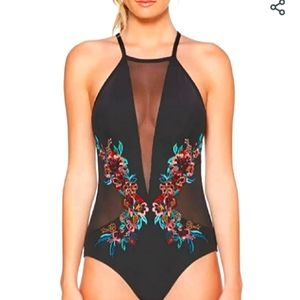 Laundry by Shelli Segal Mesh Embroidery high neck one piece swimsuit